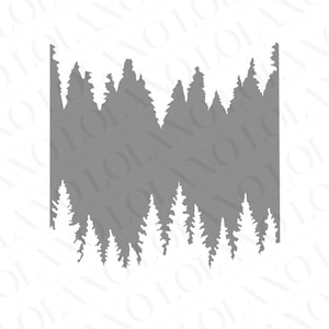 May include: Silhouette of a forest with a variety of pine trees, all in a dark gray color against a white background.