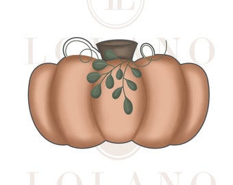 May include: A brown pumpkin with a stem and green leaves. The pumpkin is sitting on a white background.