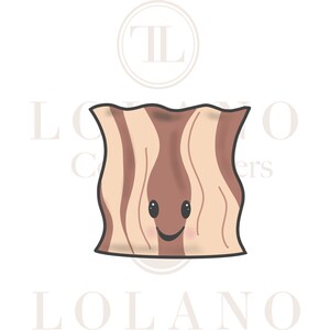 May include: A cartoon illustration of a piece of bacon with a smiling face. The bacon is brown and beige with a striped pattern.