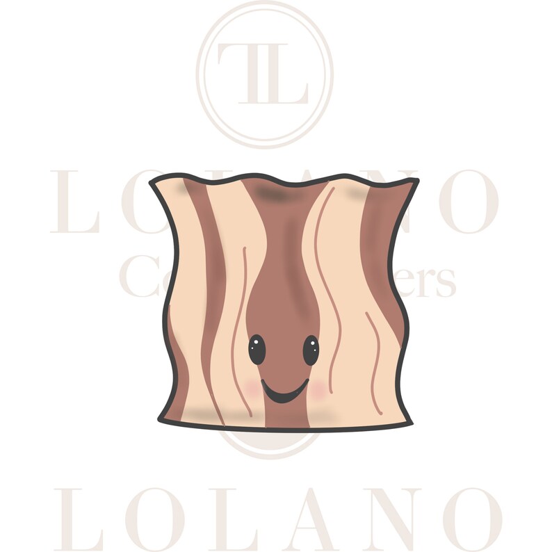May include: A cartoon illustration of a piece of bacon with a smiling face. The bacon is brown and beige with a striped pattern.