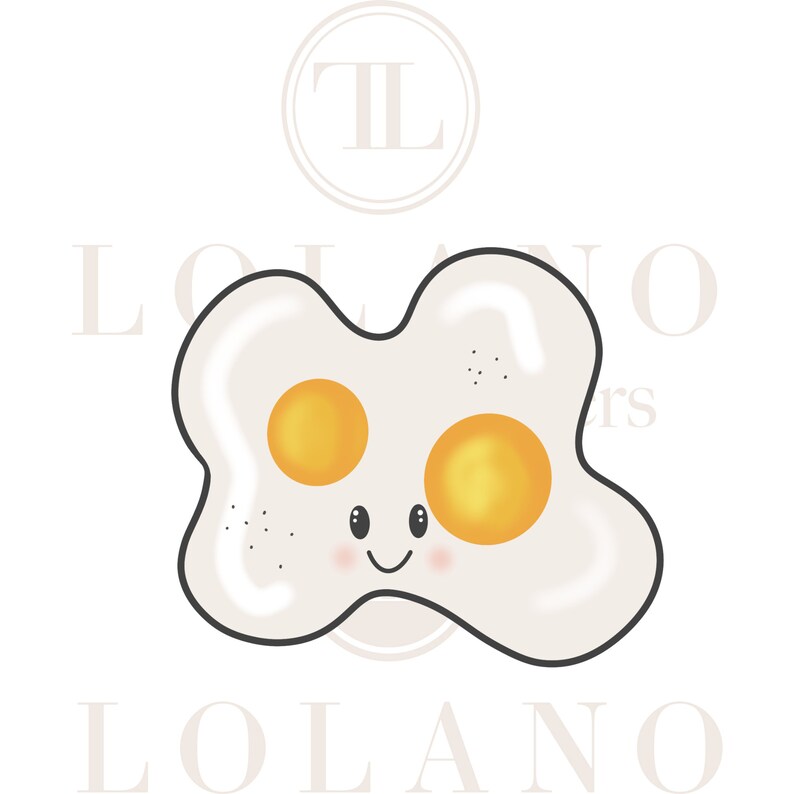 May include: A cartoon illustration of a fried egg with a smiling face and two yellow yolks. The egg is white with a brown outline and is surrounded by the text "LOLANO".