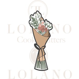 May include: A brown paper wrapped bouquet of pink and white flowers with green leaves. The bouquet is tied with a black ribbon.