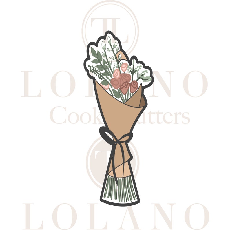 May include: A brown paper wrapped bouquet of pink and white flowers with green leaves. The bouquet is tied with a black ribbon.