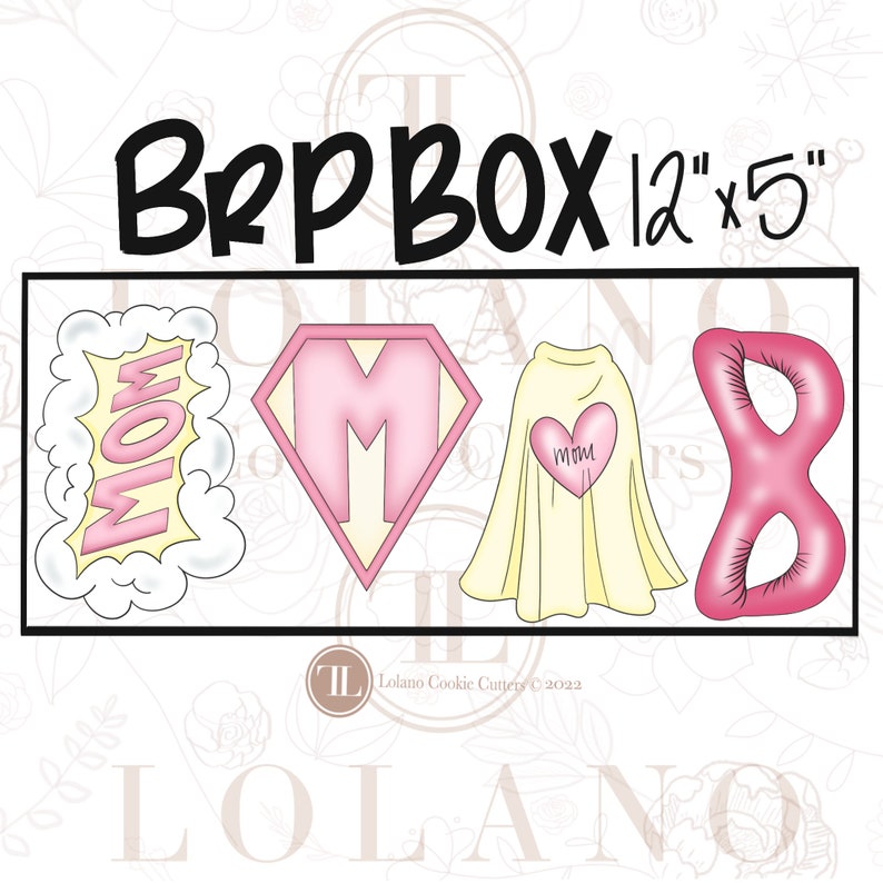 May include: A set of cookie cutters with a superhero theme. The set includes a "MOM" speech bubble, a pink diamond with a pink "M", a cape with a heart, and a pink "8". The set measures 12 inches by 5 inches.