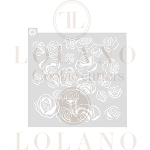 May include: A stencil with a design of multiple white roses on a gray background. The stencil is labeled "LOLANO Cookie Cutters".