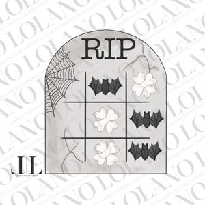 May include: A gray tombstone cookie cutter with a spiderweb, bats, and bones. The tombstone has the words "RIP" at the top. This cookie cutter is perfect for Halloween baking.