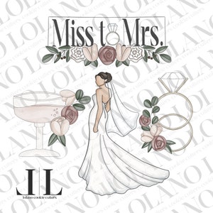 Puede incluir: Un conjunto de cuatro cortadores de galletas con una novia, una copa de champán, un anillo y el texto "Miss to Mrs.". La novia lleva un vestido blanco y un velo. La copa de champán está llena de un líquido rosa. El anillo es un anillo de diamantes con una banda dorada. El texto está en una fuente negra.