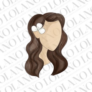 May include: A cookie cutter in the shape of a woman's face with long, wavy brown hair and a white flower. The face is a simple, smooth shape, and the hair has detailed shading. The cutter is likely for making cookies.