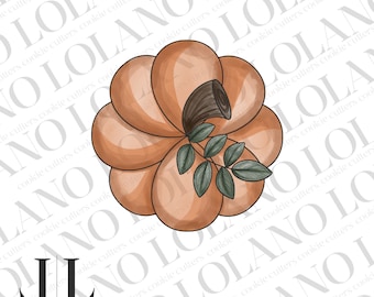May include: A watercolor illustration of a pumpkin with a stem and leaves. The pumpkin is a light orange color and the leaves are a dark green color.