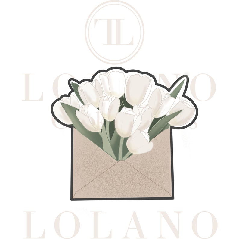May include: A brown envelope with a bouquet of white tulips inside. The envelope is closed and the tulips are arranged in a fan shape.