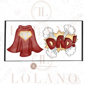Puede incluir: Cortador de galletas de capa de superhéroe rojo y amarillo con un diseño en forma de diamante y la palabra "DAD" en su interior. Un cortador de galletas "DAD!" rojo y amarillo con fondo blanco y nubes blancas.