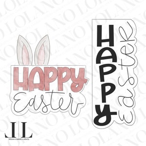 Könnte beinhalten: Zwei Ausstecher für Ostern. Ein Ausstecher ist ein rosafarbenes und weißes Aquarelldesign mit den Worten "Frohe Ostern" und Hasenohren. Der andere Ausstecher ist schwarz und sagt "Frohe Ostern" in vertikaler Schrift.