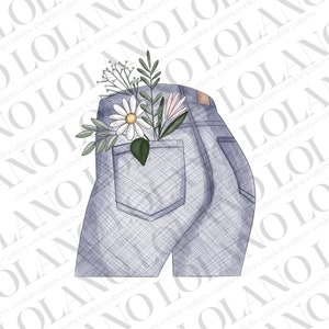 May include: A cookie cutter shaped like the back of a pair of blue jeans, with a pocket filled with flowers. The flowers include daisies, pink flowers, and greenery. The cutter is a light blue colour.