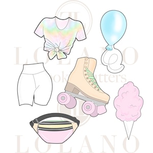 Puede incluir: Un conjunto de siete cortadores de galletas con una camiseta de teñido anudado, pantalones cortos blancos, patines, un globo, una riñonera y algodón de azúcar. Los cortadores de galletas son todos de colores pastel.
