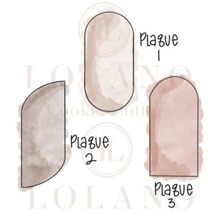 May include: Three cookie cutters in different shapes: a rounded rectangle, a half-circle, and an arch. The cookie cutters are outlined in black and have a watercolor effect in shades of brown and pink. The text "Plague 1", "Plague 2", and "Plague 3" is written below each cookie cutter.