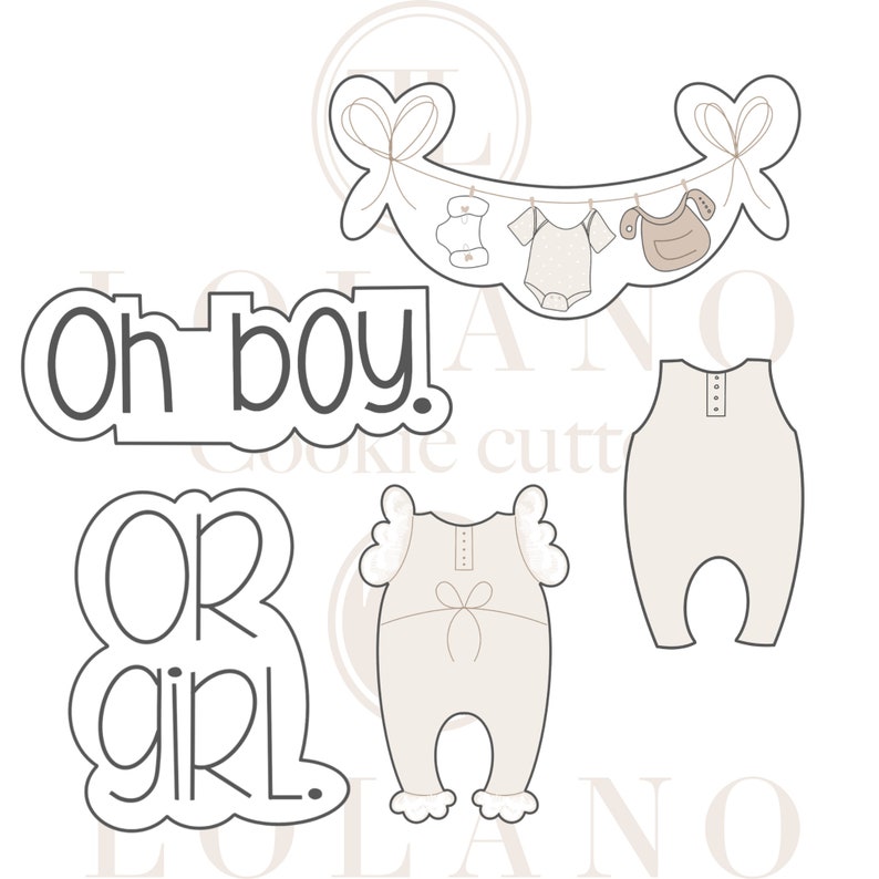 May include: Cookie cutter set with baby-themed shapes. Includes the phrases "Oh boy" and "Or girl", along with onesies and a banner with baby clothes. The shapes are outlined in a dark gray color.