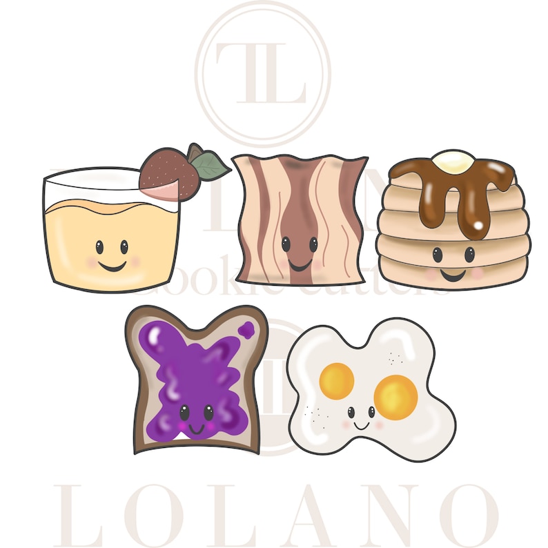 May include: Five cartoon breakfast foods with smiling faces. A glass of orange juice, a slice of bacon, a stack of pancakes, a slice of toast with purple jam, and a fried egg.