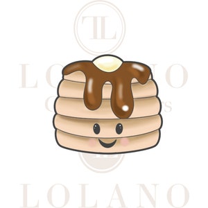 May include: A cartoon illustration of a stack of pancakes with chocolate syrup and a pat of butter on top. The pancakes have a smiling face.