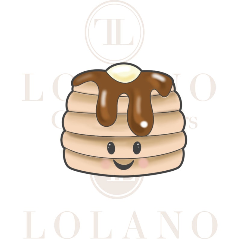 May include: A cartoon illustration of a stack of pancakes with chocolate syrup and a pat of butter on top. The pancakes have a smiling face.