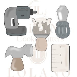 May include: A set of five cookie cutters shaped like tools: a drill, a paint brush, a screwdriver, a hammer, and a ruler. The cutters are made of metal and have a silver finish.