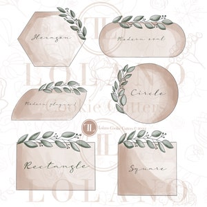 May include: Five cookie cutter templates with greenery designs. The templates are labelled "Hexagon", "Modern Oval", "Circle", "Rectangle", and "Square".