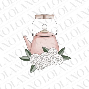 以下が含まれることがあります： 木製の取っ手と白い花が付いたピンクのエナメル製のティーポット。ティーポットは緑の葉で囲まれています。