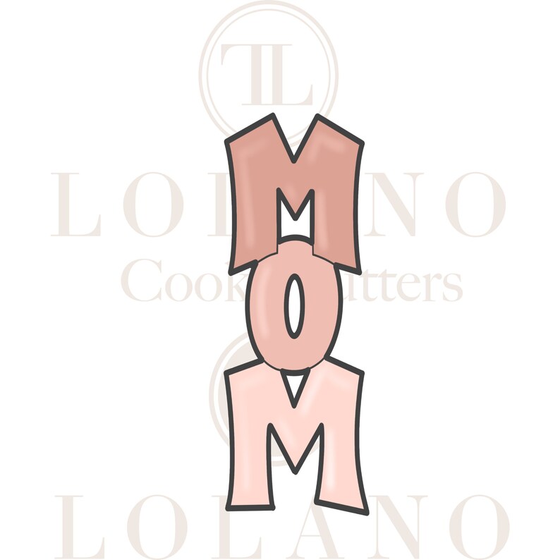 May include: Pink MOM cookie cutter with a decorative font. The letters are stacked on top of each other.