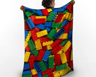 Colorful Lego Inspired Velveteen Plush Blanket, Cozy Blanket for Kids, Fun Room Decor, Gift for Lego Lovers, Playroom Accessory