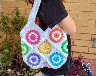 Rainbow Granny Square Market Bag, Cotton Bag, Market Bag, Reusable Market Bag, Teen Handbag, Boho Bag, Flower Inspired, Made To Order