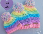 Pastel Rainbow Colours, Rainbow Beanie, Rainbow Newborn Beanie, Rainbow Adult Beanie, Messy Bun Beanie, Pom Pom Beanie, Unicorn Inspired