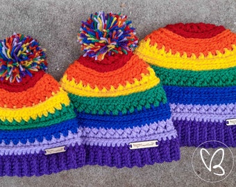 Bright Rainbow Colours, Rainbow Beanie, Made To Order, Rainbow Newborn Beanie, Rainbow Adult Beanie, Messy Bun Beanie, Pom Pom Beanie