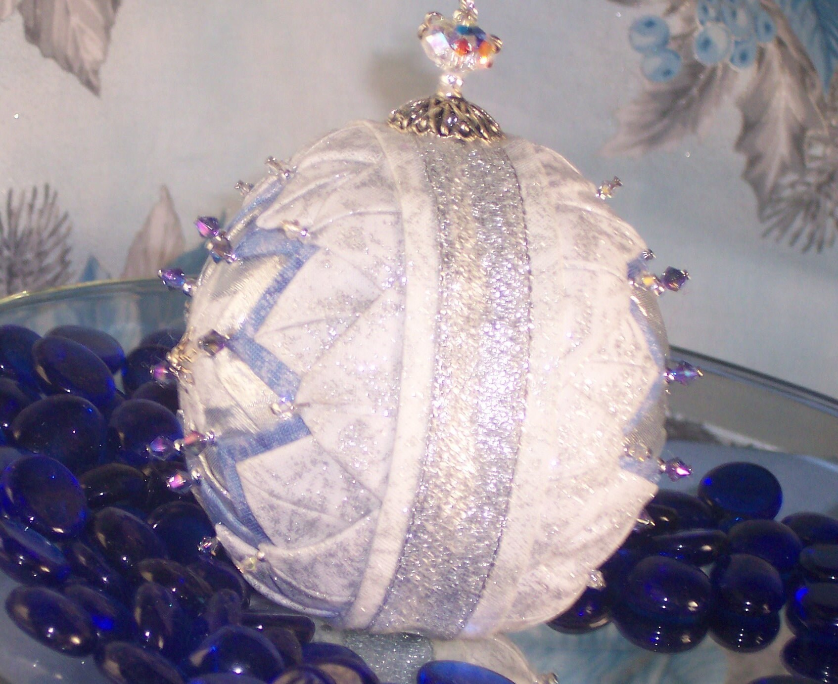 Beaded Quilted No Sew Ornament White Blue Silver Tree Ornament Fabric