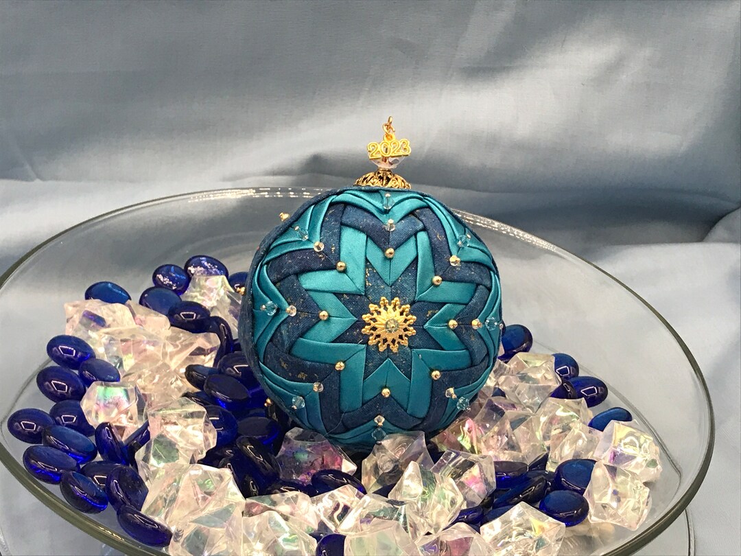 Beaded Quilted Ornament Blue Gold Tree Ornament Fabric Non Breakable