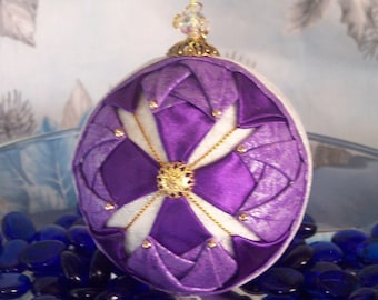 Quilted Christmas Tree Ornament No Sew Non Breakable Bethlehem Star Pattern Keepsake Textile Art Handmade Purple White and Gold ornament