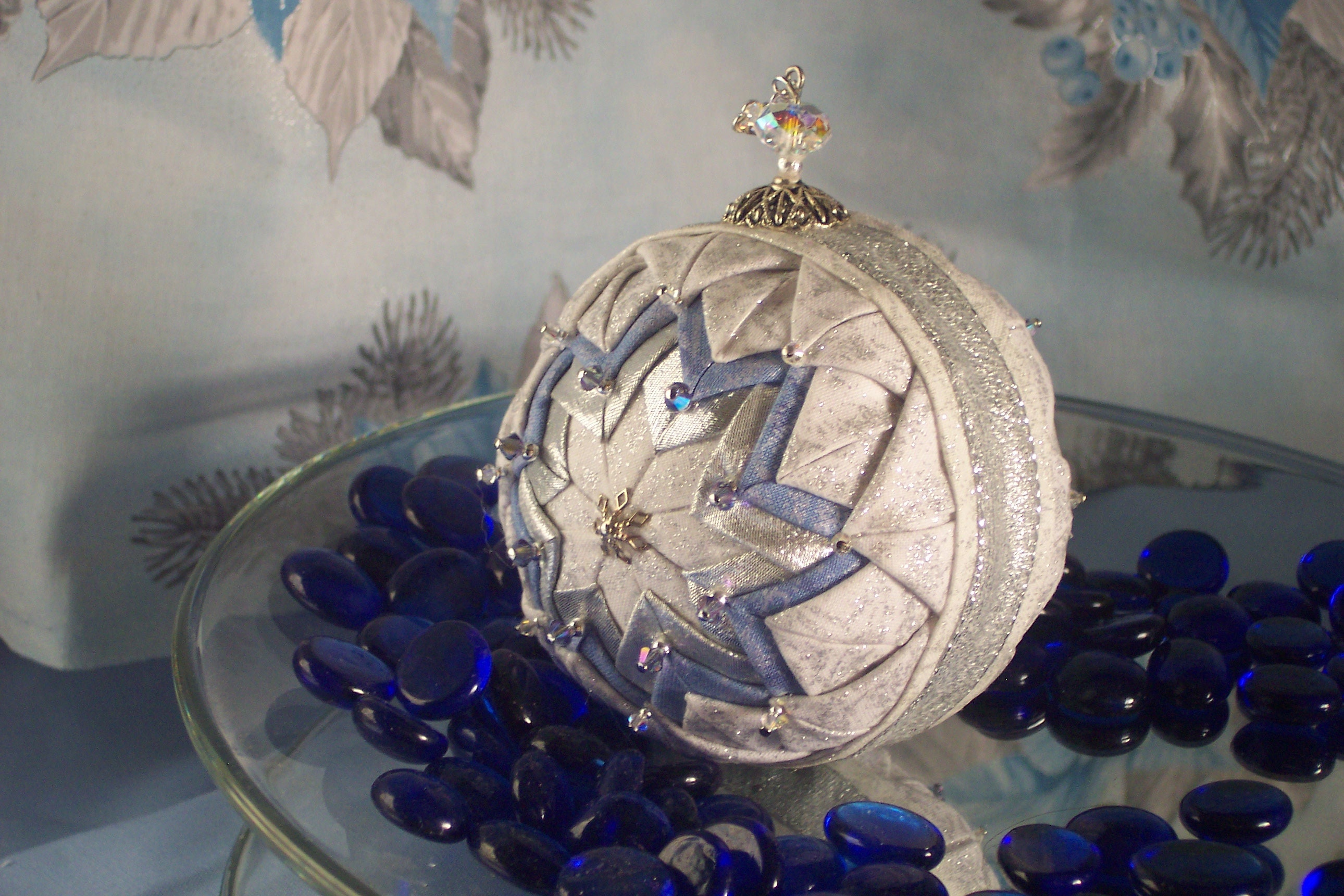 Beaded Quilted No Sew Ornament White Blue Silver Tree Ornament Fabric