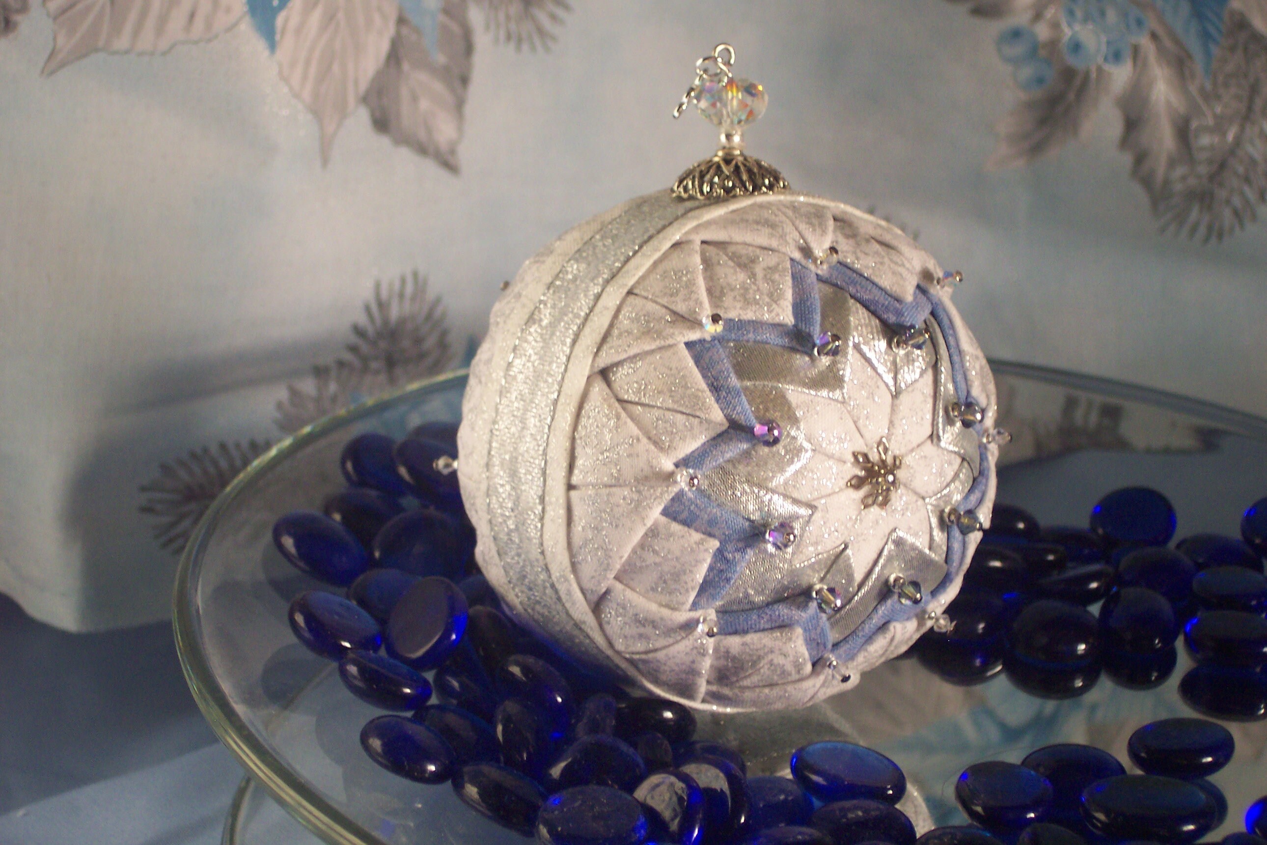 Beaded Quilted No Sew Ornament White Blue Silver Tree Ornament Fabric