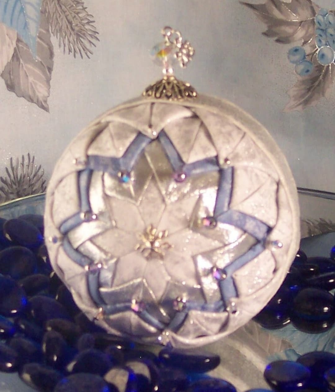 Beaded Quilted No Sew Ornament White Blue Silver Tree Ornament Fabric