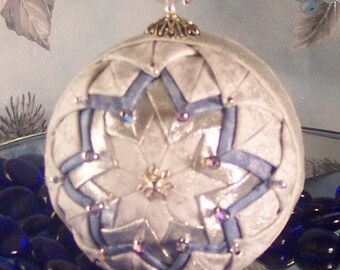 Beaded Quilted No Sew Ornament White Blue Silver Tree Ornament Fabric Non Breakable Star Design Handmade Keepsake Textile Art Christmas Orn