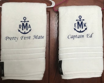 Nautical Towel Set,Captain and First Mate Towel Set,Personalized Boat Towels,Custom Boat Gift,Monogrammed Towel Set