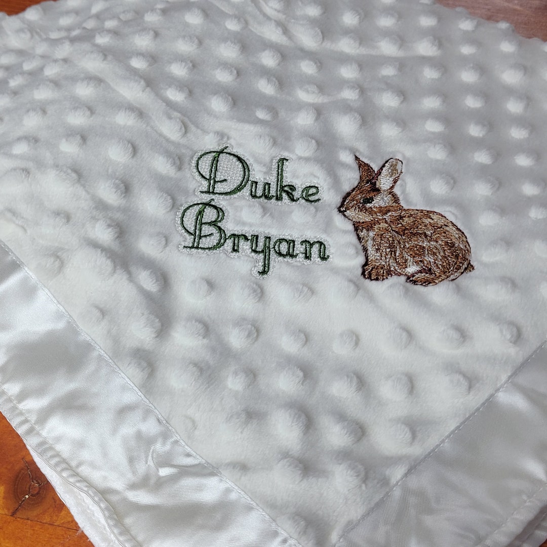 White Minky Bunny Baby Blanket, Rabbit Theme Minky Satin Blanket