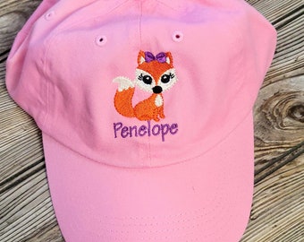 Baby Girl Fox Cap Hat - Girl Fox Embroidered Personalized Name Kids Cap Hat - Toddler Girl Fox Baseball Hat -Woodland Fox Hat Cap Gift Girl