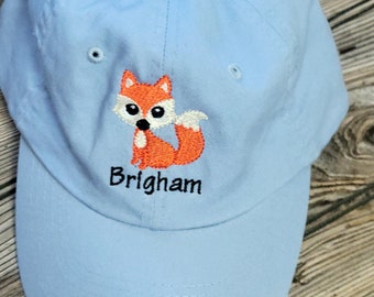 Little Boy Fox Baseball Cap Hat - Embroidered Personalized Name Kids Cap Hat - Toddler Fox Baseball Hat - Woodland Baby Fox Gift Cap Hat