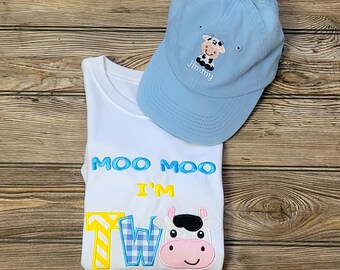 Moo Cow T-Shirt & Cap Outfit - Cow Theme Shirt and Cap for Kids - Personalized Toddler Kids 2nd Birthday Gift - Kids Clothing