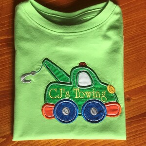 Green Pink Aqua Purple TOW TRUCK Shirt, Automobile theme shirt, kids truck shirt,baby shower birthday gift, little boy girl toddler gift