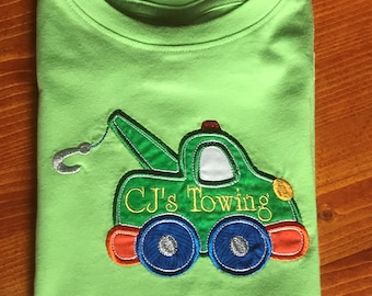 Green Pink Aqua Purple TOW TRUCK Shirt, Automobile theme shirt, kids truck shirt,baby shower birthday gift, little boy girl toddler gift