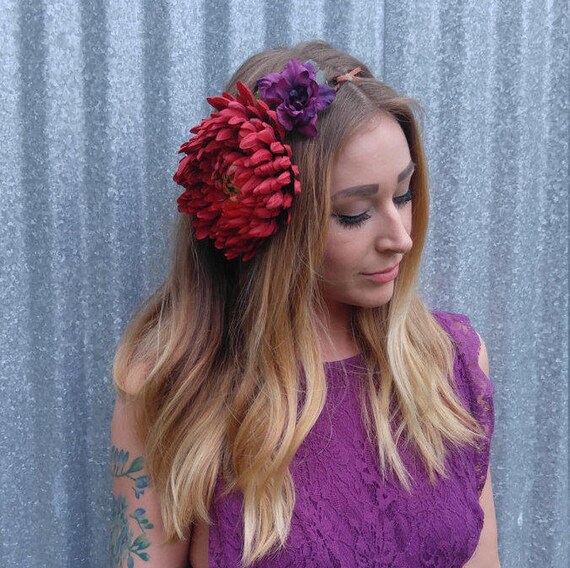 Red Peony Side Half Crown With Purple Flowers Flower Crown Etsy