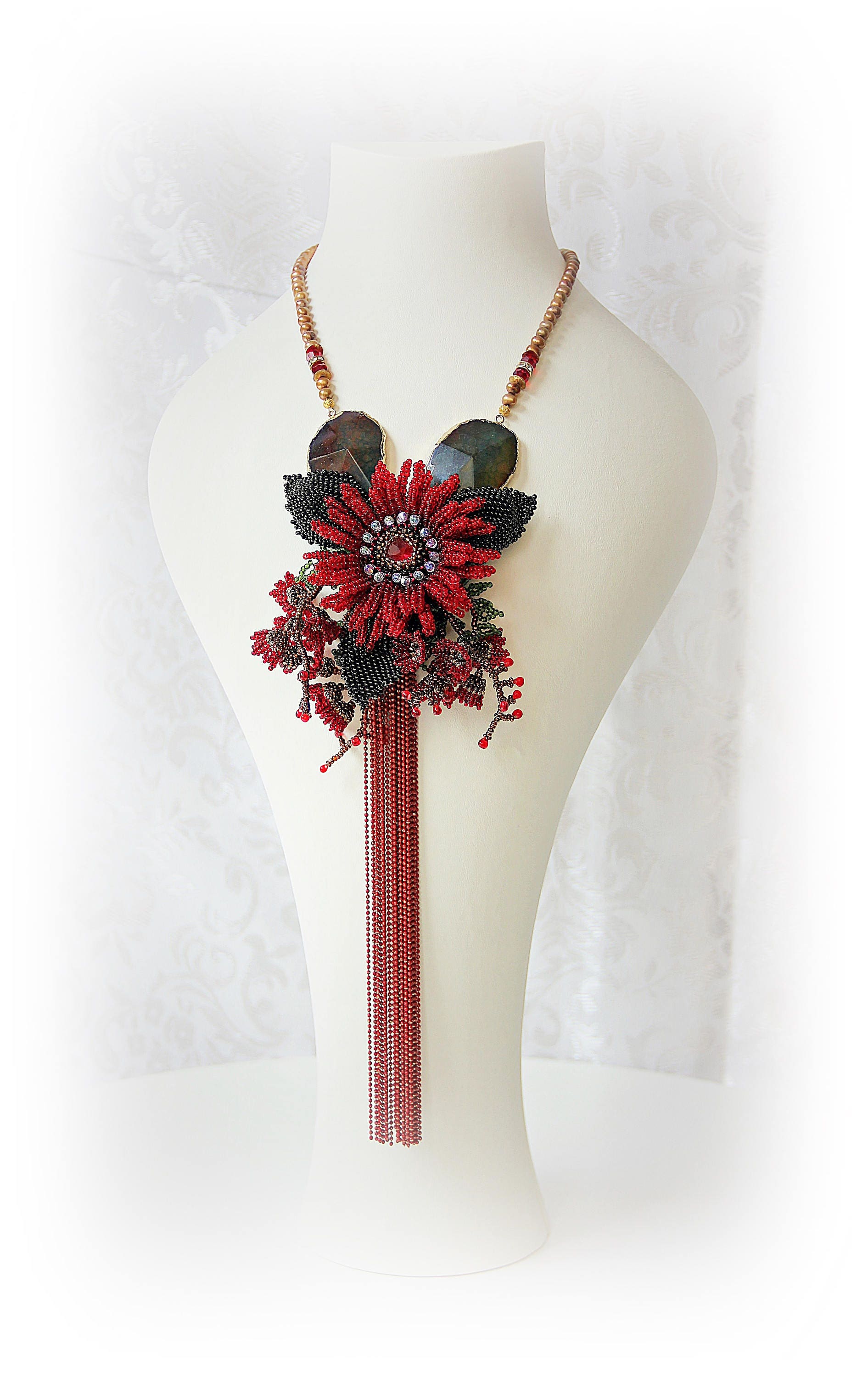 Red Gerbera Bouquet Beaded Necklace Bead Embroidered Bead - Etsy Israel