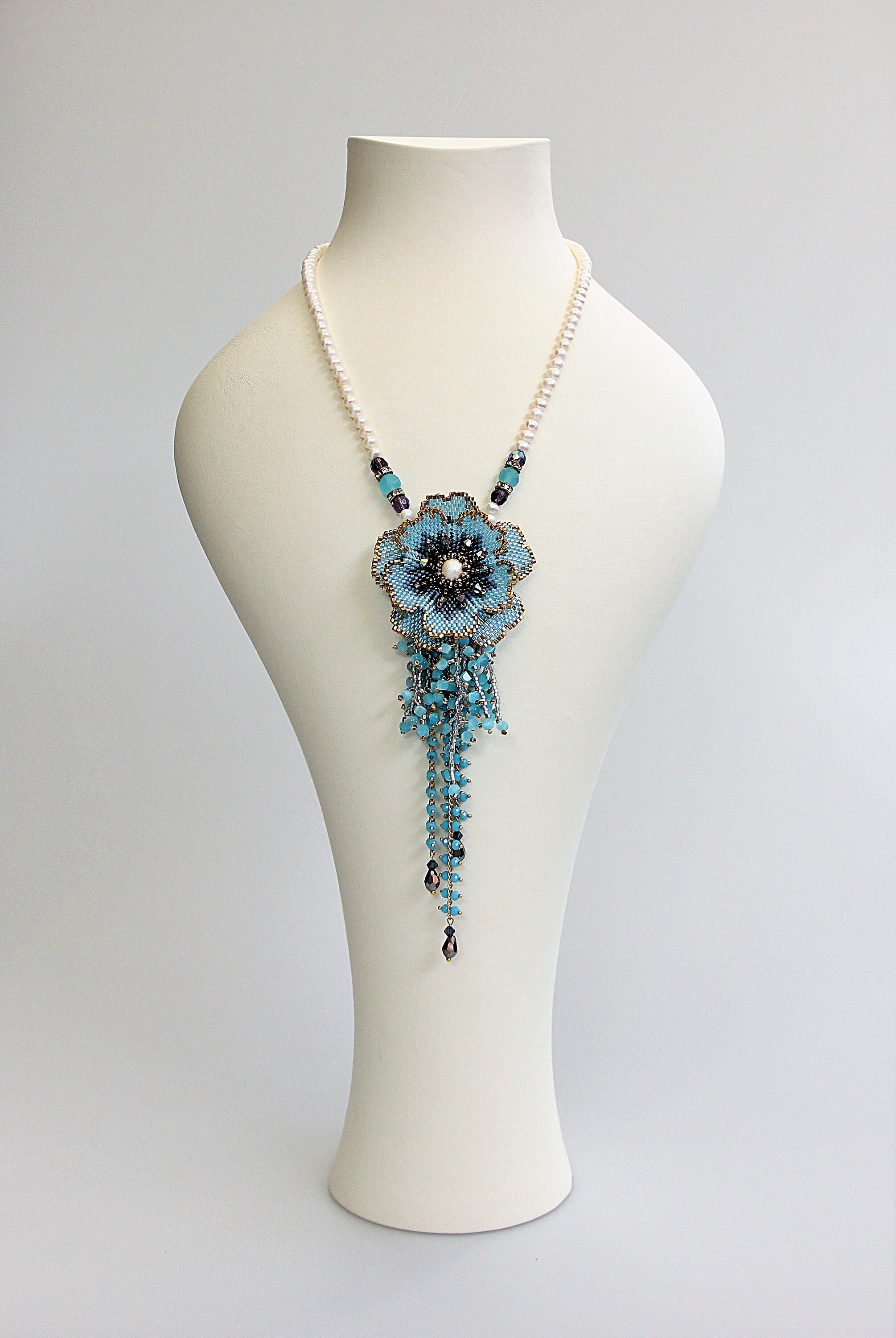 Turquoise Anemone Flower Bead Embroidered Necklace Bead - Etsy Israel