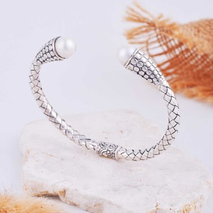 Bali Pearl Bracelet , Sterling Silver Woven Bangle with Fresh Water Pearl, Indonesia Jewelry