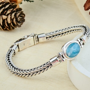 Bali Silver Dragon Bone Bracelet with Larimar or Turquoise for Women